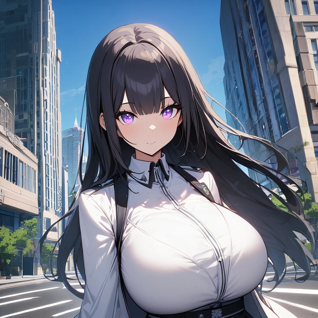 1girl,solo,long hair,bangs,black hair color,light purple eye color,White coat,huge breasts,slender,tall person,looking at viewer,near, hotel district