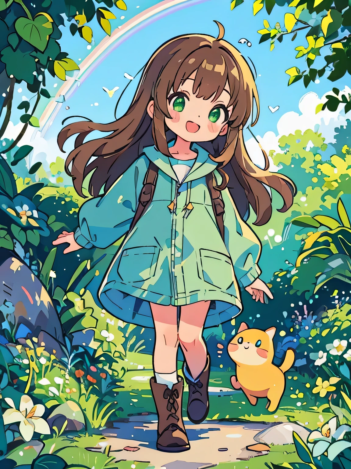 kawaii, anime, Cute, hyper quality, highly detailed, 16k, Front facing, Clarity, girl, brown long hair, green eyes, smile, girl, Elementary school student in a raincoat, Uplifting, private clothes, white kiwi flower, flower, a rainbow appears, bright blue sky, one piece, hands are peace sign, green, full green canvas, highlight on eyes, twist one's body, surrounded by greenery, lush plants, Clear skies, Long dark brown hair, look at the sky, There's a big rainbow, large amount of plants, All green, Vines, clear sky, ivy, look up at the sky, rainbow in the blue sky, whole body, boots, wet forest path,