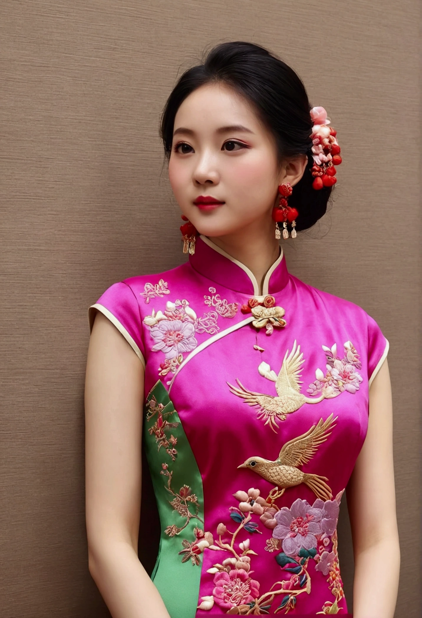 (穿柔and色调的旗袍的美丽女孩),(pink,purple,green,Lightグリーン,Peach Brown,)、((((flatらな胸))))、温暖的颜色and冷色相结合,The picture will look colorful and unusual,Chinese cheongsam pattern magpie、Peanuts、pomegranates,Western style pattern,Includes check pattern、stripe、Polka dots,Embroidery adds beauty to the cheongsam,The composition of Cantonese embroidery is complex but not chaotic.,Hunan embroidery takes Chinese landscape painting as its theme,&References;Embroidery creates a scent,Embroidered birds can be heard,Embroidery can convey spirit。&References;Shu embroidery has more than 100 traditional stitches.,精thin严谨。It's embroidery. &References;flat&References;、Light、flat、flat、and、avoid、thin、Intensive,Hand carved dragon and phoenix,Hopeful,One,Flower and other patterns,Disc Buckle,Cheongsam placket style single placket、Double lapel、Angled placket,Fine Jewelry,earrings, etc.、necklaces, etc..,Highlight your unique charm,旗袍的鞋子and包包也需要与整体造型相匹配