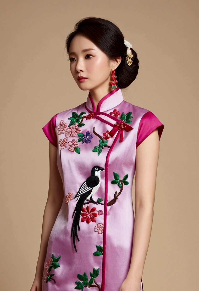 （穿柔and色调的旗袍的美丽女孩），（pink，purple，green，Lightグリーン，Peach Brown，）、((((flatらな胸))))、温暖的颜色and冷色相结合，The picture will look colorful and unusual，Chinese cheongsam pattern magpie、Peanuts、pomegranates，Western style pattern，Includes check pattern、stripe、Polka dots，Embroidery adds beauty to the cheongsam，The composition of Cantonese embroidery is complex but not chaotic.，Hunan embroidery takes Chinese landscape painting as its theme，&References;Embroidery creates a scent，Embroidered birds can be heard，Embroidery can convey spirit。&References;Shu embroidery has more than 100 traditional stitches.，精thin严谨。It&#39;s embroidery. &References;flat&References;、Light、flat、flat、and、avoid、thin、Intensive，Hand carved dragon and phoenix，Hopeful，One，Flower and other patterns，Disc Buckle，Cheongsam placket style single placket、Double lapel、Angled placket，Fine Jewelry，earrings, etc.、necklaces, etc..，Highlight your unique charm，旗袍的鞋子and包包也需要与整体造型相匹配