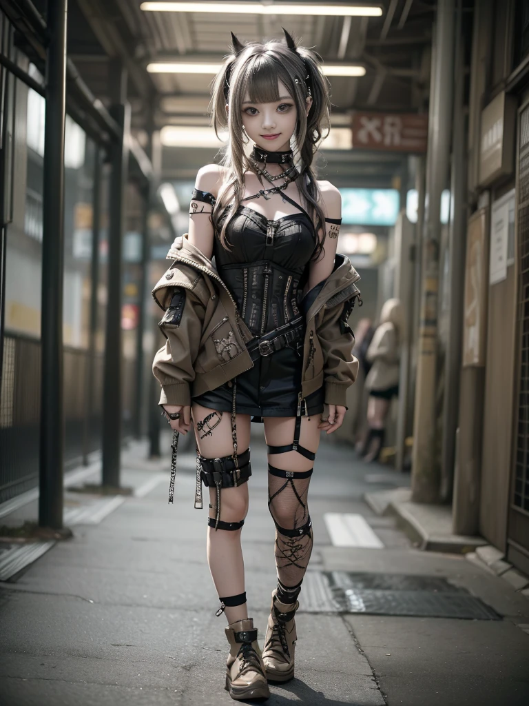 (Full Body View:1.2)、(Smiling with teeth showing:1.3),(Shibuya Gal:1.5)、(Beautiful:1.5)、(Neo-goth fashion:1.5)、(Punk RockVisual Kei:1.5)、(An off-the-shoulder hoodie in khaki and brown with delicate silver accessories.:1.5)、(A corset with a delicate beige and brown design:1.4)、(Khaki and brown snakeskin bodysuit:1.5)、(head band:1.3)、(Beige and charcoal knee socks:1.4)、Embellished collar and long boots、(I'm selling snake print underwear.:1.4)、(Long eyelashes:1.3)、(20-year-old)、((Highest quality、8k、masterpiece:1.3))、1 Female、Slim and beautiful abs:1.3、(hairstyle casual、Beautiful boobs:1.1)、(Doing an aerobics pose:1.3)、dress:1.1、Super small face、Narrow eyes、double eyelid、A sloppy smile、Esbian all over、Dynamic Angle、Close-up、CPL Filter、Blurred Background、Bokeh、Blue Hour、Detailed face and skin texture、Detailed eyes、,(Twin tails:1.3)、(Black brown hair:1.3)、Gravure idol、(The background is a glamorous dance hall:1.3)、(Make your legs thinner:1.4)、(Slim body:1.3)、(clavicle:1.1)