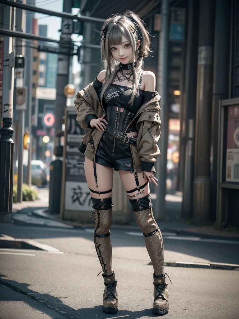 (Full Body View:1.2)、(Smiling with teeth showing:1.3),(Shibuya Gal:1.5)、(Beautiful:1.5)、(Neo-goth fashion:1.5)、(Punk RockVisual Kei:1.5)、(An off-the-shoulder hoodie in khaki and brown with delicate silver accessories.:1.5)、(A corset with a delicate beige and brown design:1.4)、(Khaki and brown snakeskin bodysuit:1.5)、(head band:1.3)、(Beige and charcoal knee socks:1.4)、Embellished collar and long boots、(I&#39;m selling snake print underwear.:1.4)、(Long eyelashes:1.3)、(20-year-old)、((Highest quality、8k、masterpiece:1.3))、1 Female、Slim and beautiful abs:1.3、(hairstyle casual、Beautiful boobs:1.1)、(Doing an aerobics pose:1.3)、dress:1.1、Super small face、Narrow eyes、double eyelid、A sloppy smile、Esbian all over、Dynamic Angle、Close-up、CPL Filter、Blurred Background、Bokeh、Blue Hour、Detailed face and skin texture、Detailed eyes、,(Twin tails:1.3)、(Black brown hair:1.3)、Gravure idol、(The background is a glamorous dance hall:1.3)、(Make your legs thinner:1.4)、(Slim body:1.3)、(clavicle:1.1)
