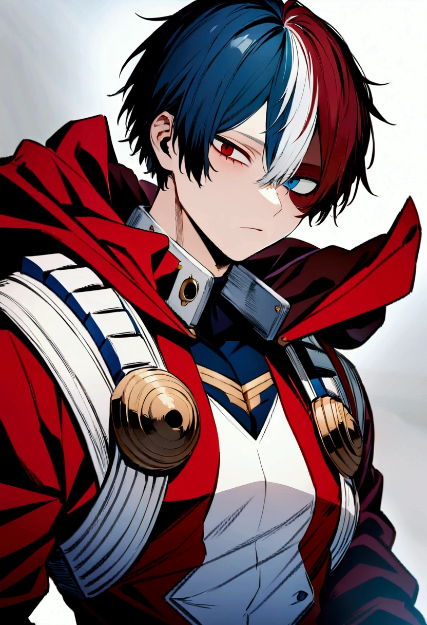 Ultra detailed, highres, absurdres, HDR, master piece, Todoroki Shouto, bicolor hair, right side is white, left side is red, heterochromia, right eye is grey, left eye is blue, detailed eyes, Boku No Hero Academia, fantasy, handsome, solo, best quality.