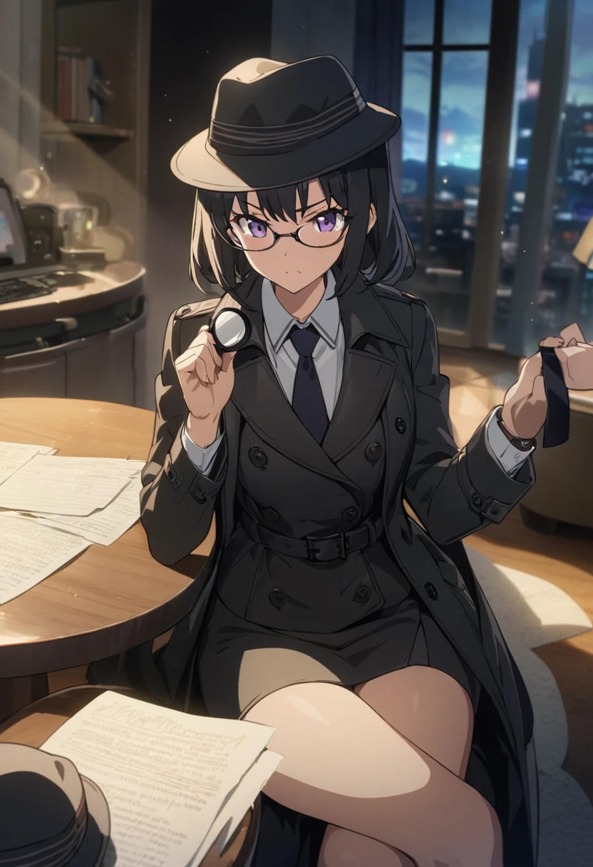 Detective girl, anime, masterpiece, best quality, 1 girl ( black trench coat, suit, skirt, fedora, glasses, cross-legged, sitting on sofa, necktie, right hand hold magnifying glass:1.2, left hand on sofa), ( table, papers on table ), window, ofice background, bokeh:1.1, serious, NEGATIVE_HAND,NEGATIVE_HAND-NEG