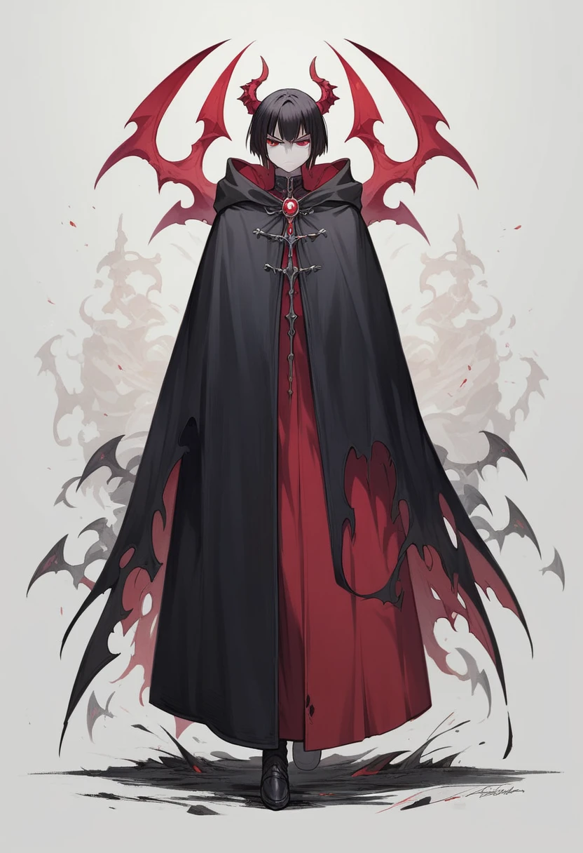 anime character, short black hair, pale skin, red crimson eyes, black adventurer outfit, cloak, closed mouth, serious, full body shot, demon horns, anime, Gothic art, high details, high quality, 4K, HD, masterpiece, anatomically correct