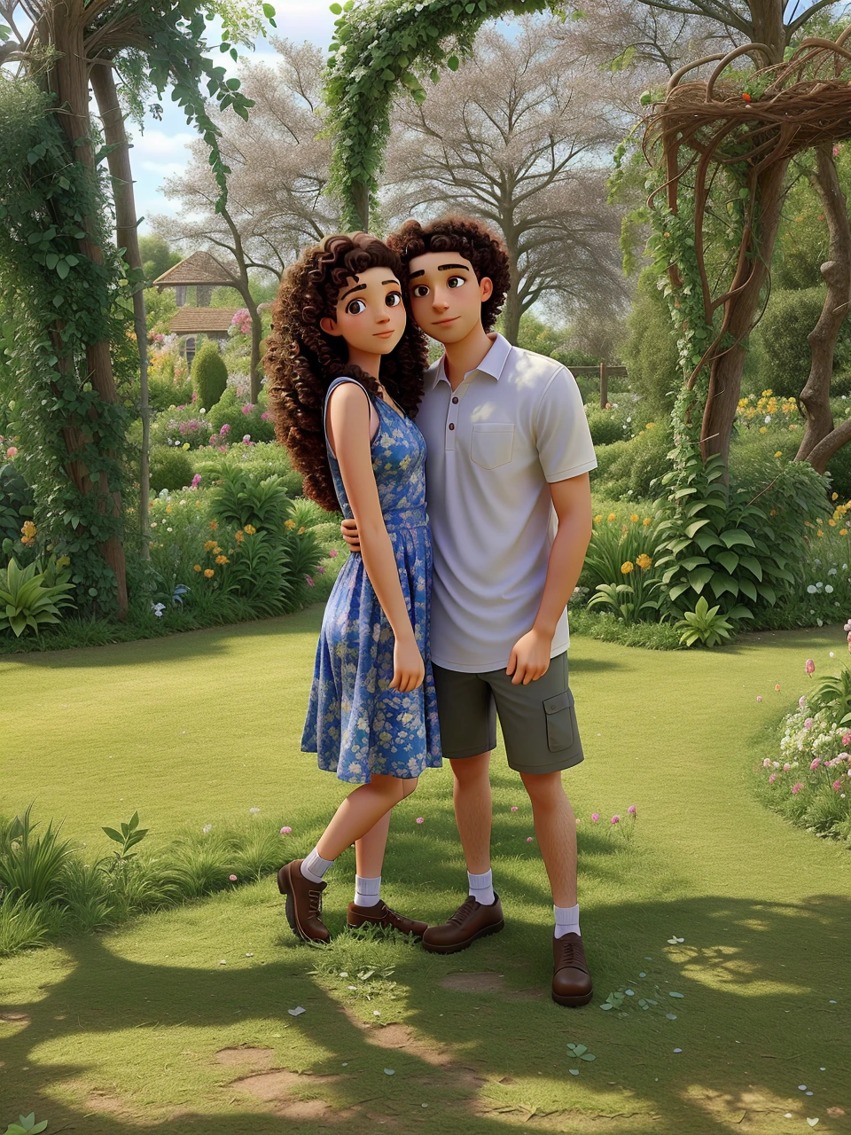 My girlfriend with curly hair, and me in a garden