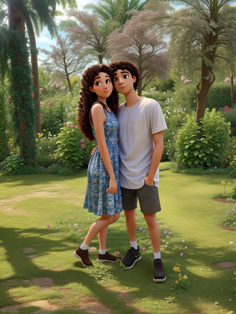 My girlfriend with curly hair, and me in a garden