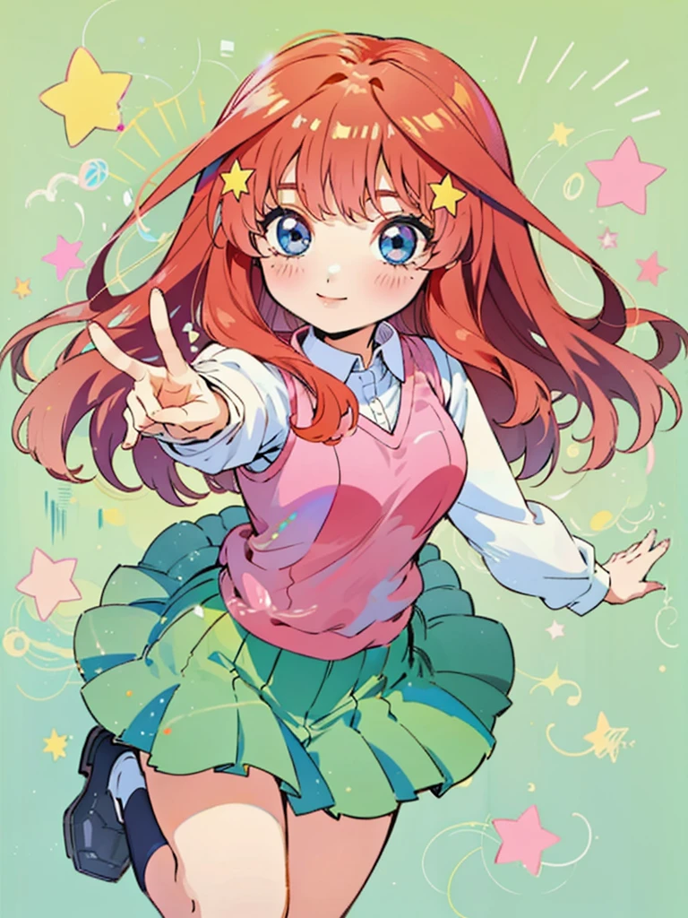  smily eyes, sparkling eyes, happy lovely tender face, natural happy face, 1 girl, solo, masterpiece, best quality, illustration, itsuki nakano in a dynamic pose, front, itsuki nakano,  fluffy long red hair, blue eyes, nakano_itsuki splendid, iridescent, dynamic pose, moving, excellent character design, full body pose, perfect face, aaitsuki, star hair ornament, cheery face, shiny smile, lovely sparkling smile happy, collared white shirt, green pleated skirt, sleeveless pink red vest, Good shapes, vivid colours, bright colours, perfect lines, perfect lineart, kawaii, good, cute, tender expression, lovely, smile, sweet eyes, pretty outdoors background,,  splendid, iridescent, dynamic pose, moving, excellent character design, full body pose, perfect face, aaitsuki, bangs, sweet tender expression, cute face, nakano_itsuki, sweater vest, very long red hair