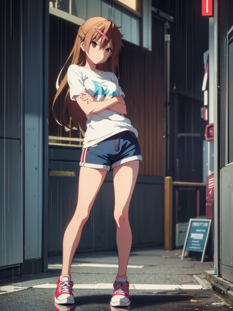 Girl, short tight shorts,t-shirt, Bare breasts, chest visible, street background, Narrow passage between houses, night, rain, slim body, In full growth, Sneakers , small breast