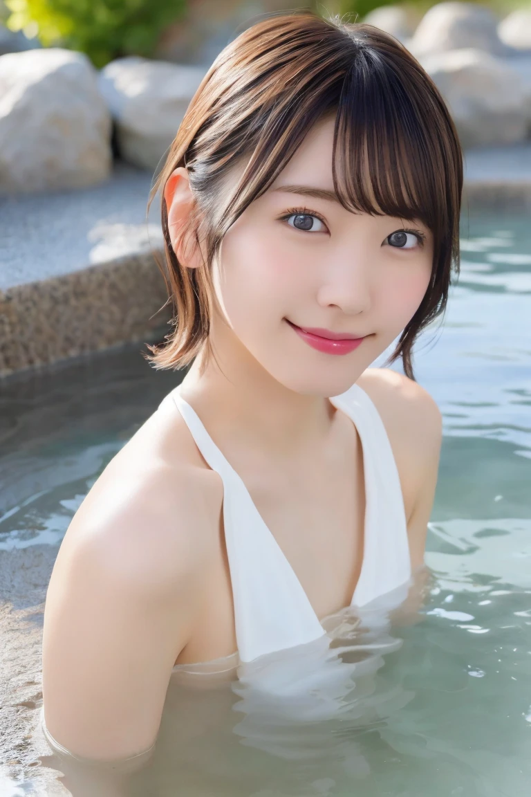 8K highest image quality)、(beautiful)、Yui Aragaki、Accurate Eyes、Fine skin、22-year-old female、Brown eyes、Brown Hair、looking at the camera、naked、Semi-short hair、Smile、bangs、Full view of 、Shoot from above、Soak in a hot spring