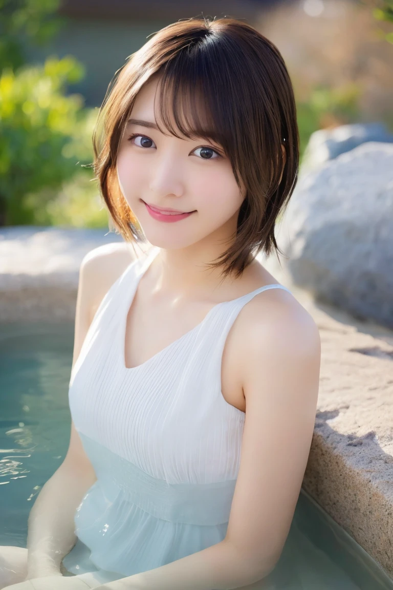 8K highest image quality)、（beautiful）、Yui Aragaki、Accurate Eyes、Fine skin、22-year-old female、Brown eyes、Brown Hair、looking at the camera、naked、Semi-short hair、Smile、bangs、Full view of 、Shoot from above、Soak in a hot spring