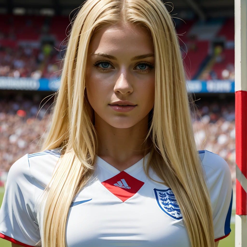 ((best quality)), ((masterpiece)), (detailed), 1woman, very long blonde hair, England soccer jersey , soccer game, Stadion, summer time