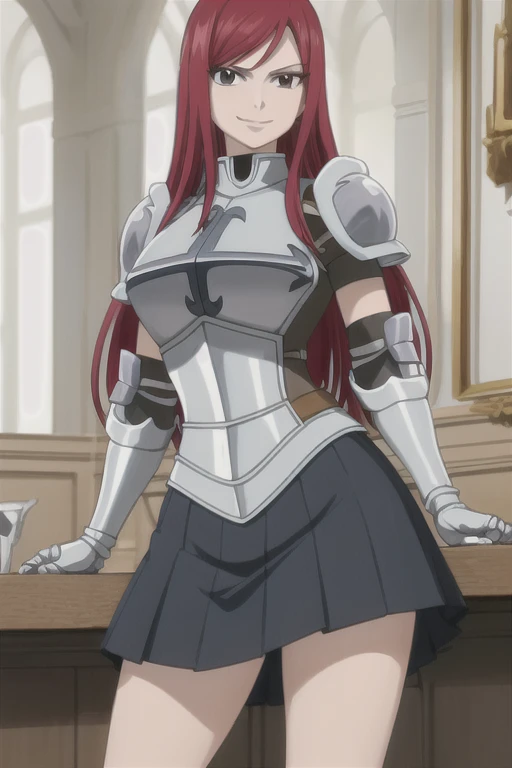 masterpiece, absurdres , (intricate details), (colorful), erza scarlet, smile, armor, breastplate, gauntlets, shoulder armor, thigh armor, black skirt, large breasts, cleavage