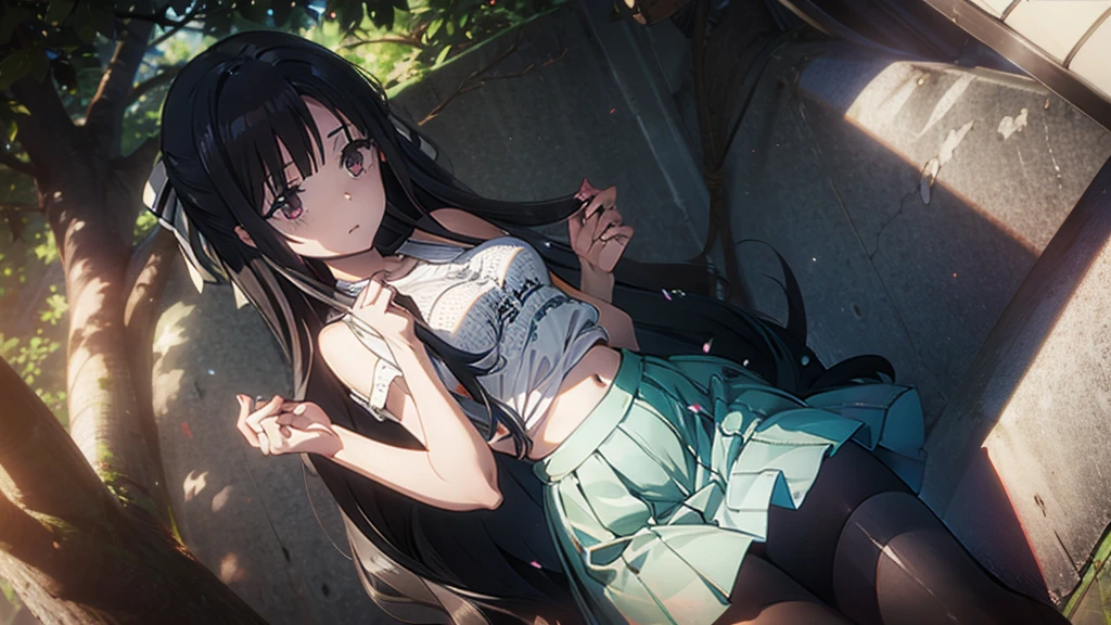 Underwear for two girls, Realistic panties made from patterned cotton fabric、Translucent slip、Skirt lining、Skirt flip、In the shadow of a dark tree、Put your hands on your crotch、tights、Peeking from below