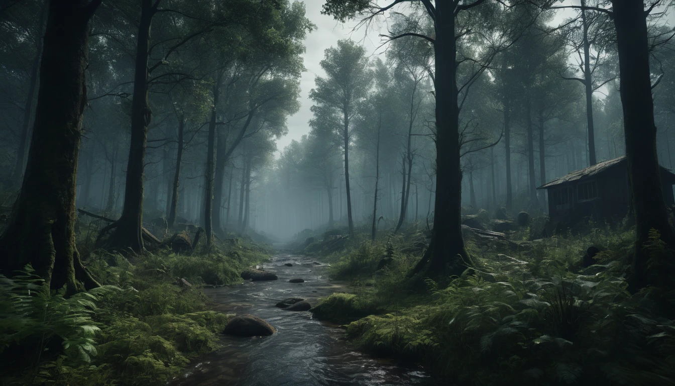 A scary horror image from a place in a region far from the city, surrounded by dense forests and not many houses nearby. PICTURE REALISTIC, high resolution, 8K 