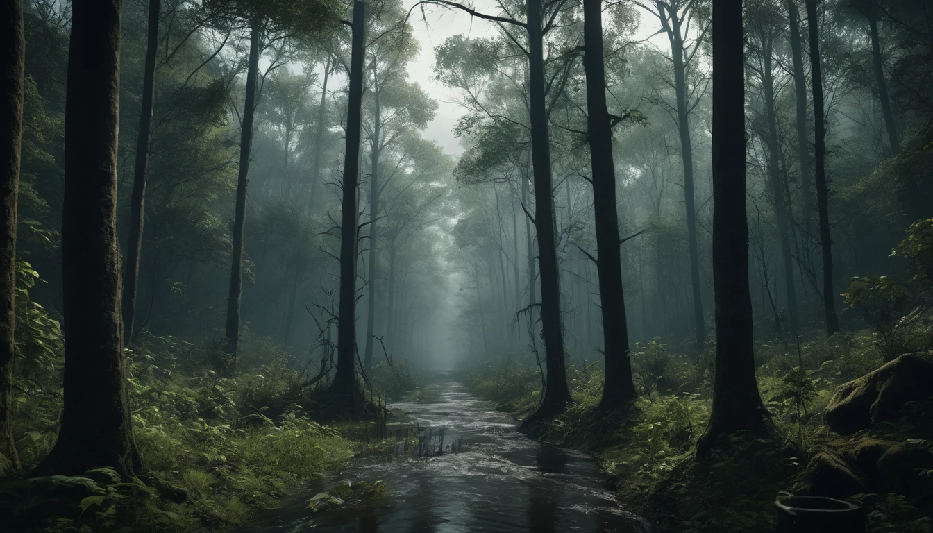 A scary horror image from a place in a region far from the city, surrounded by dense forests and not many houses nearby. PICTURE REALISTIC, high resolution, 8K