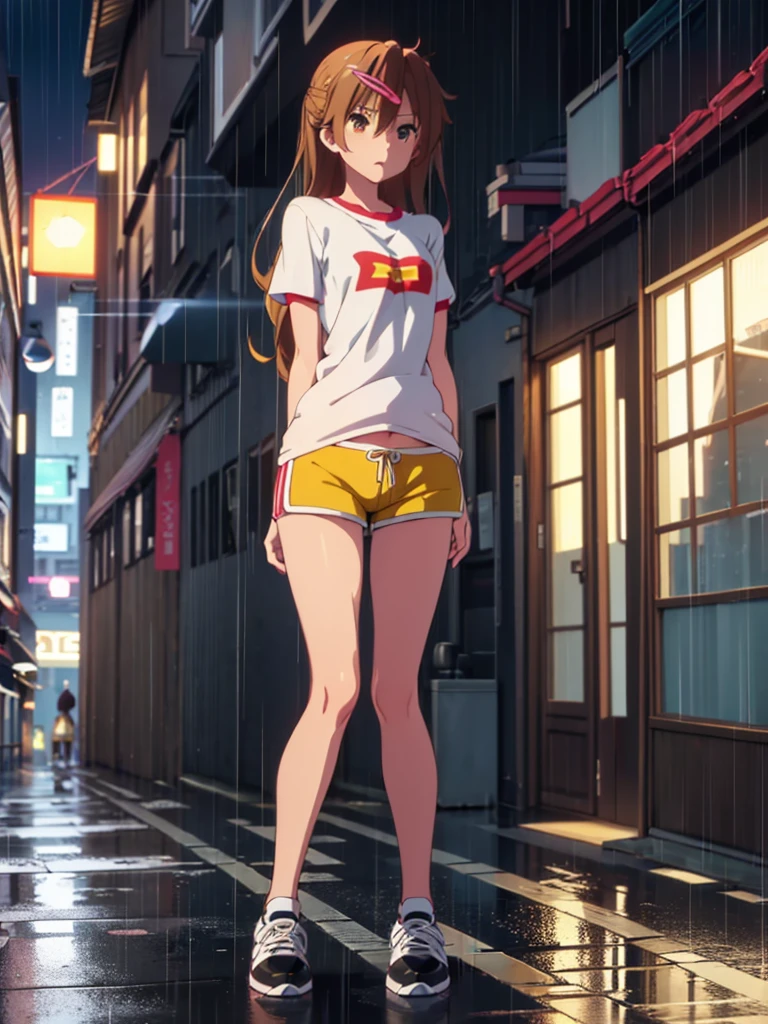 Girl, short tight shorts,t-shirt, Bare breasts, chest visible, street background, Narrow passage between houses, night, rain, slim body, In full growth, Sneakers , small breast