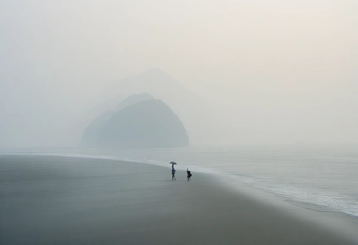 Good Long Beach, Short haired woman walking from afar, alone, A horizon without any mountains, Fog가 낀, afternoon, depressed, tide가 밀려온다, Fog, ocean, tide, umbrella , short korean woman, 잔잔한 tide