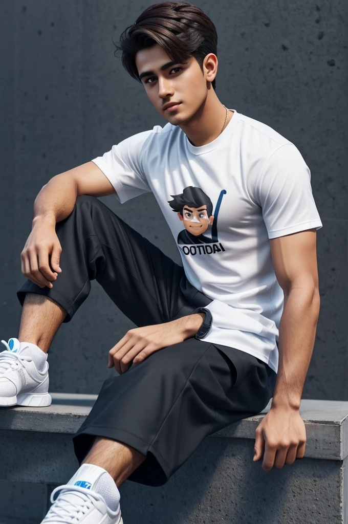 "Create a 3D illustration of an animated character of a handsome boy sitting casually on top of a social media logo "Instagram". The character must wear modern dress such as shorts, t-shirt and sneakers. The background of the character is mockup of his Instagram profile page with a profile name " Abdullah Tech BD" and a profile picture same as character."