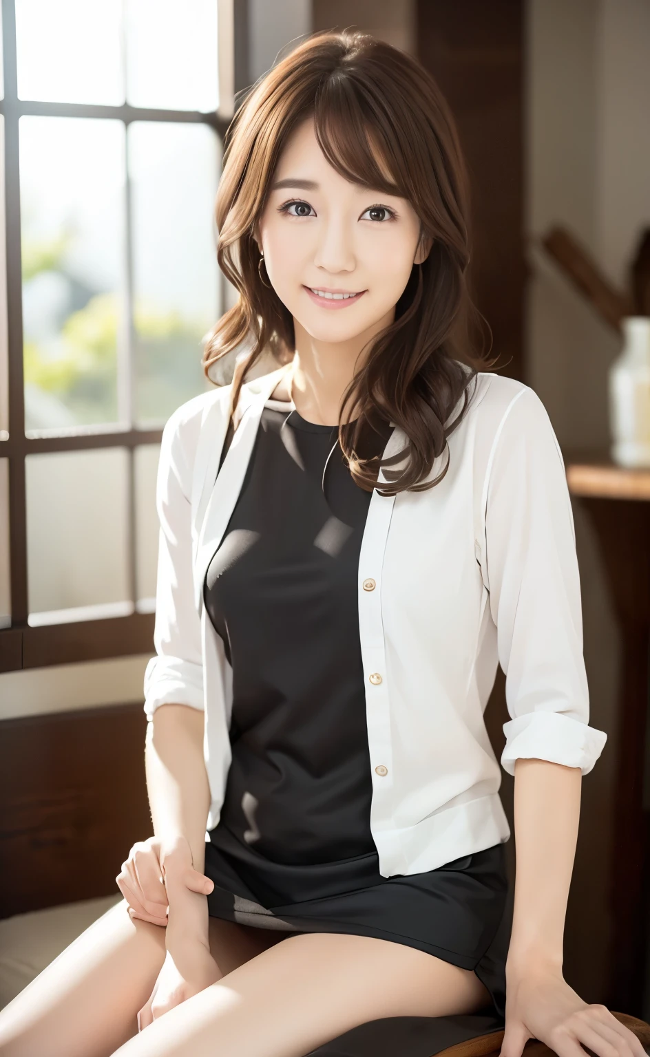 Portraiture、、high quality、Realistic Photographic Images、 years old、Japanese women、A decent wife、、housewife、Natural and realistic eyes、Japanese Stand、Beautiful black hair、short hair、light makeup、Octane Rendering、Beautiful lighting、Golden ratio composition、Laughter、Casual wear、Casual clothing、Natural background、Blurred Background、high resolution、Pure Japanese humanity、Beautiful wife、whole body、light makeup、 makeup、Pure beauty、Private Server、gray、beige、green、Plain、Casual clothing、smile、Small black eyeini skirt、Background blur