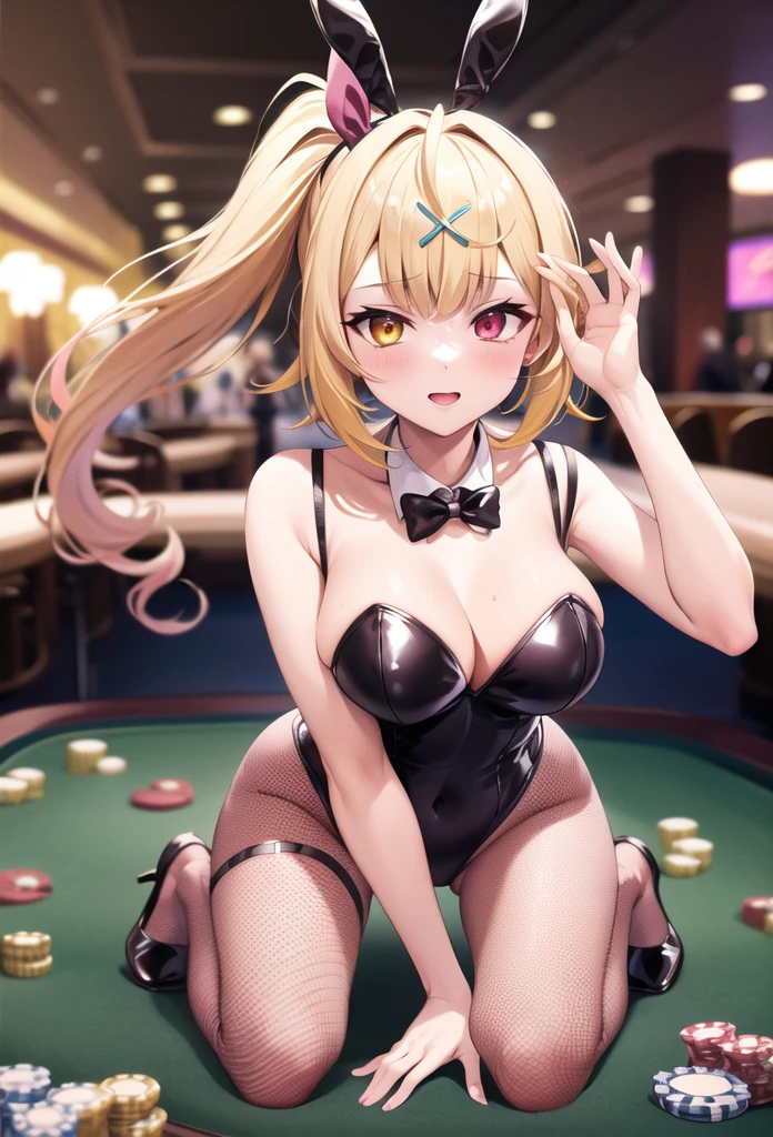 Girls having sex,masterpiece, Highest quality, High resolution, HS1, Red eyes, Yellow Eyes, Side Ponytail, x Hair accessories,Pink is good,Hair Ribbon,Black Playboy Bunny, hair band, Bunny ears,Fishnet tights,casino,