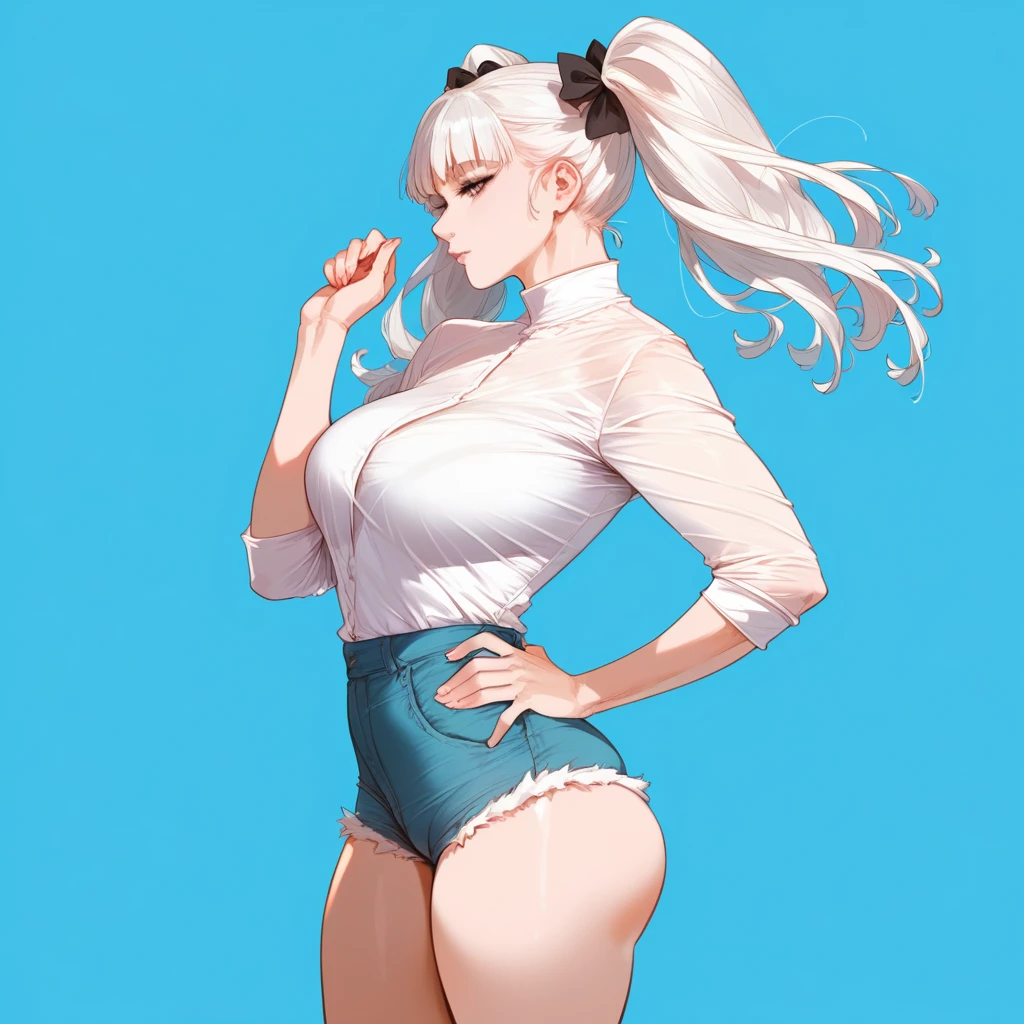 mixed_artwork style, 1 girl, standing alone, hands, beautiful woman, Asian, thick, White shirt, short shorts, ptinta eyes, white hair ptinta locks, twin tails, realistic, textures, 8K, perfect hand, perfect anatomy, Profile, visible curves, Breasts, Hand on the waist 