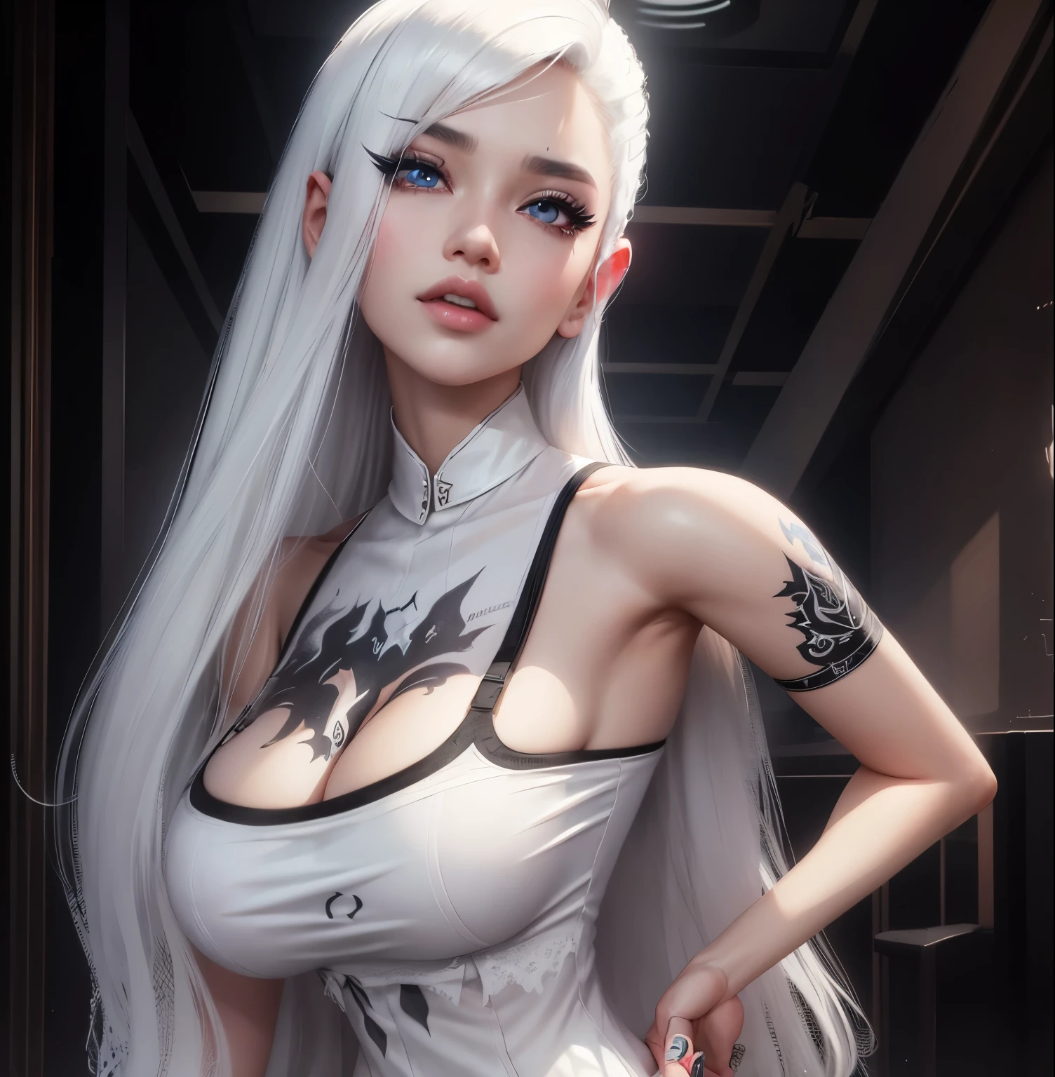 AVATAR SECOND LIFE Korean girl wearing black top, , Asian, White hair, White hair, White hair, Perfect and detailed face, imvu, maximalist details, AVATAR SECOND LIFE Korean blusa , neon,