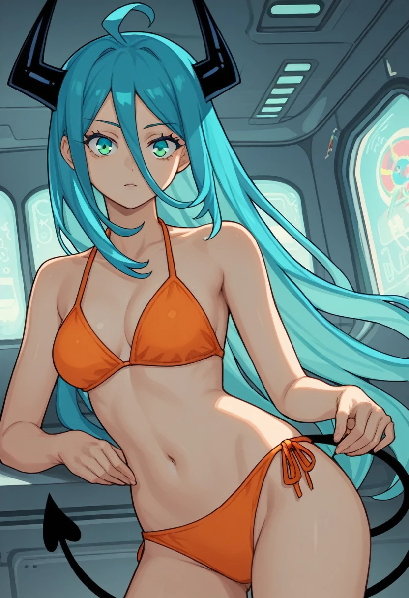 score_9, score_8_up, score_7_up,1 daemon woman, black  horns, black demon tail, (aquamarine hair),aquamarine green color hair,ahoge, long hair, (long hair),bangs, light orange bikini, bikini is orange, bikini orange, orange bikini!, (aquamarine eyes), background is spaceship, aquamarine eyes, 1woman ,facing viewer, daemon girl,  close up,Well-endowed, alone, Spacecraft interior, sexy pose