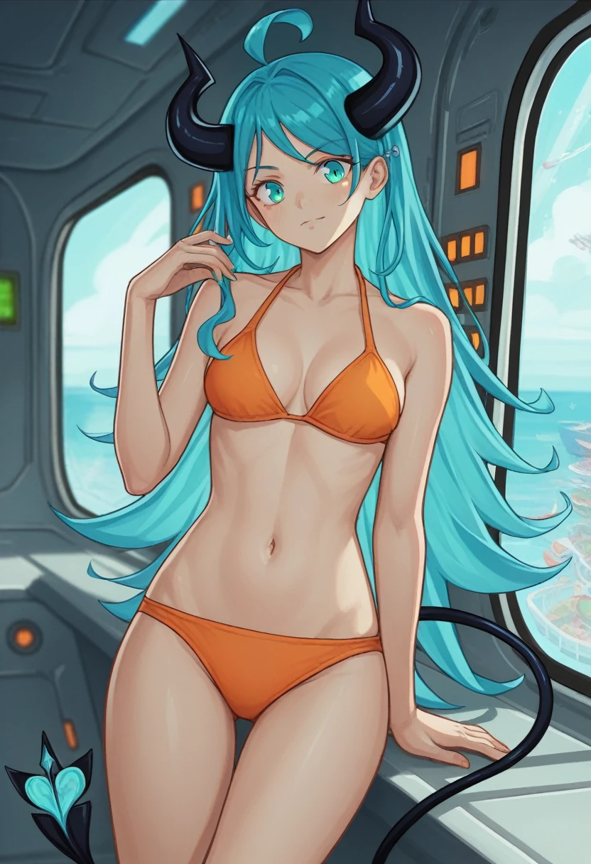 score_9, score_8_up, score_7_up,1 daemon woman, black  horns, black demon tail, (aquamarine hair),aquamarine green color hair,ahoge, long hair, (long hair),bangs, light orange bikini, bikini is orange, bikini orange, orange bikini!, (aquamarine eyes), background is spaceship, aquamarine eyes, 1woman ,facing viewer, daemon girl,  close up,Well-endowed, alone, Spacecraft interior, sexy pose