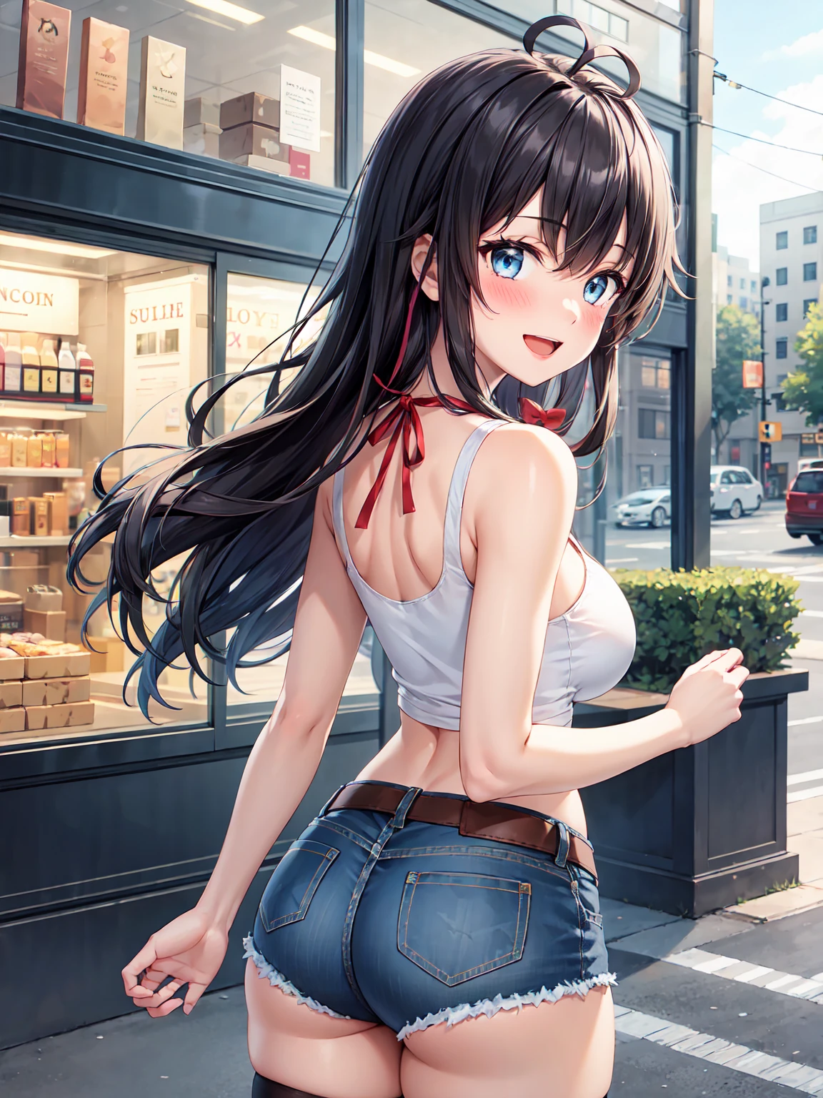 Masterpiece ,best quality , high resolution , (1 girl solo:1.38) , (yukino yukinoshita, black hair, blue eyes, long hair, ahoge) , (cleavage:1.1) , (big breast:1.06) , (denim_micro_short , top tank , stockings , sleeveless) , (face view , look at view , back view , from behind , head back ) , ( windows , outdoor , road , on street , in front of shop ) , (standing , thighs ) , (cowboy_shot) , (smile , open mouth full face blush , shy )