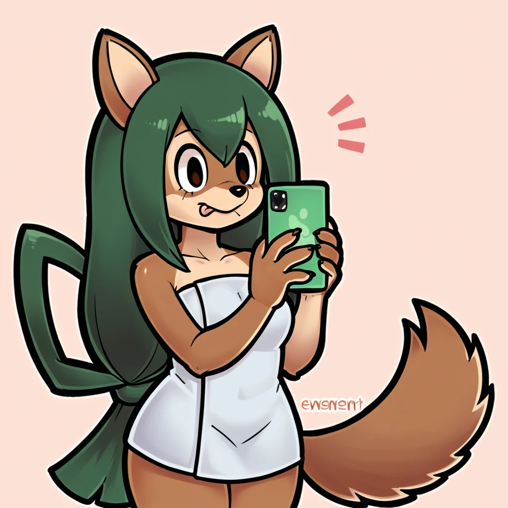 source_furry, anthro, score_9, score_8_up, furry, fur,Tsuyu Asui, Werewolf, wolf ears, brown fur, wrapped in towel, holding phone, smile, tongue out, female, cute, green hair