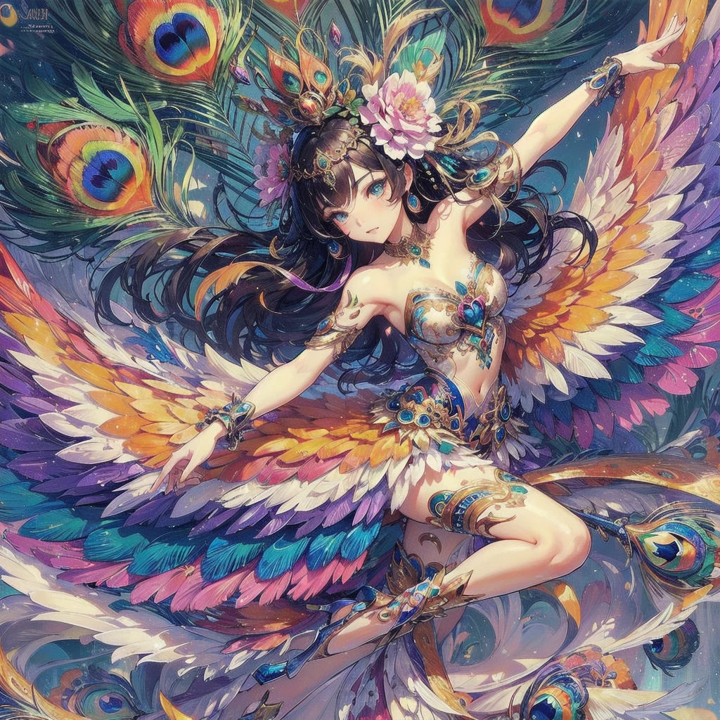  masterpiece, (textured skin), best quality, gorgeous beautiful girl, (a female 
peacock wing),Samba dance,detailed clothes,large breasts,narrow waist,, (beautiful face), cinematic lighting, (fantasy anime art ),
