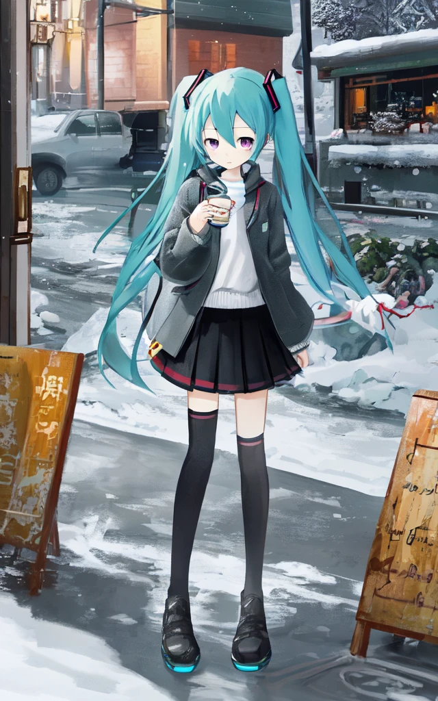 Hatsune Miku, in oversized clothes, with tea in hand, in the cold,