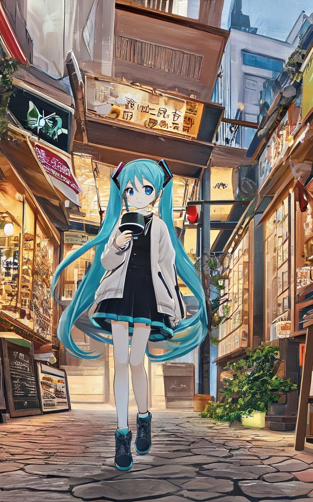 Hatsune Miku, in oversized clothes, with tea in hand, in the cold,