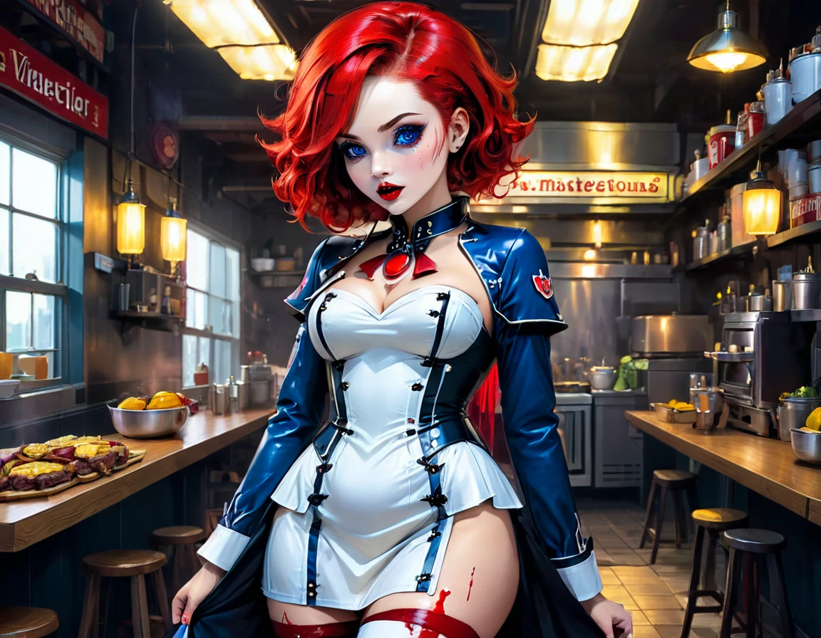 a 3D digital painting picture of extremely (beautiful female vanpire:1.3) serving a big juicy raw steak on a tray, dripping blood in a goth American diner, an exquisite beautiful female (vampire:1.3), (full body: 1.1) ultra feminine ultra detailed face, red hair, short hair, red lips, blue eyes, wearing sexy white seductive latex dress, serving a goth diner American kitchen background, full body dynamic angle, , award winning, best quality, high quality, high details, highres, vibrant, Ultra-high resolution, High Contrast, (masterpiece:1.5), highest quality, Best aesthetics, best details, best quality, highres, ultra wide angle, 16k, [ultra detailed], masterpiece, best quality, photorealistic, 3D rendering, hud_s1n, short black dress, long sleeves, veil, thighhighs