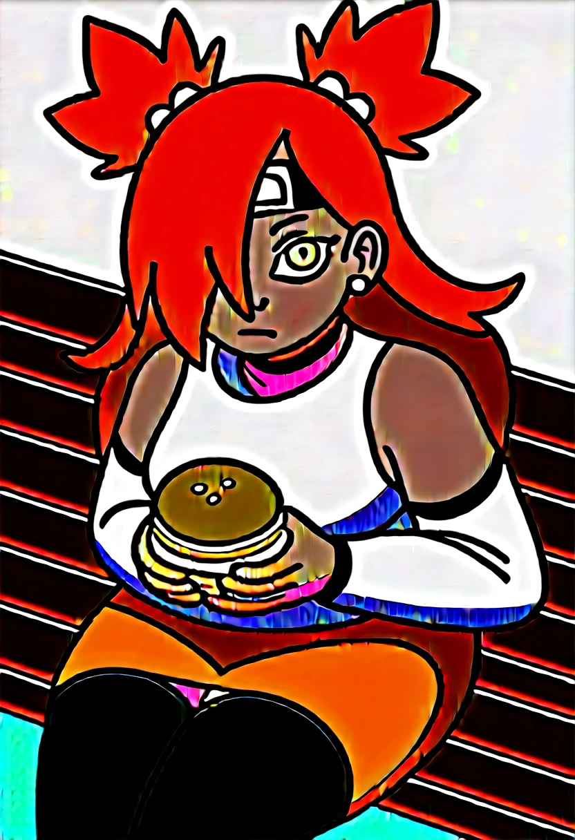 score_9, score_8_up, score_7_up, score_6_up, score_5_up, score_4_up, source_anime, rating_safe, BREAK chouchou akimichi, 1girl, dark-skinned female, curvy, fat, orange hair, hair over one eye, two side up, long hair, yellow eyes, hair bobbles, white kimono, short kimono, sleeveless kimono, yellow obi, orange sash, fishnets, detached sleeves, black thighhighs, forehead protector, jewelry, earrings, dutch angle, eating, burger, holding food, looking at viewer, looking up, sitting, park bench, park bench, grass,big breats