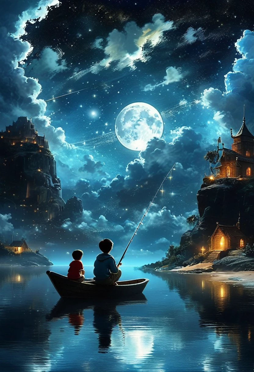 
"Against the backdrop of the starry night sky, (the boy sits on one 1 crescent), quietly fishing with a simple fishing rod. Moonlight gently illuminates his face, reflecting childhood dreaminess and tranquility. Clouds float around him, creating a feeling of lightness and magic. The stars twinkle , adding an atmosphere of magic and mystery. This scene conveys a sense of privacy and freedom, inviting the viewer to immerse themselves in a world of fantasy."
8K, super detail, magical realism, cozy atmosphere, childhood dream, starry sky, moonlight, soft clouds, magical composition, deep colors, dreamy, calm, creative style, inspiring landscape.