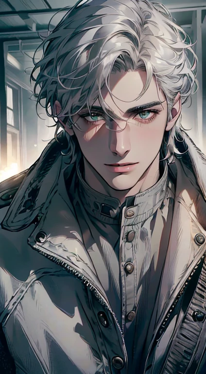 (best quality,4k,8k,highres,masterpiece:1.2),ultra-detailed,(realistic,photorealistic,photo-realistic:1.37),cinematic lighting,1:4 hdr image,a mature man, 29 years old,very handsome,cold expression smile in love, short grey white hair, green eyes,flawless face,buttoning his jacket,CEO