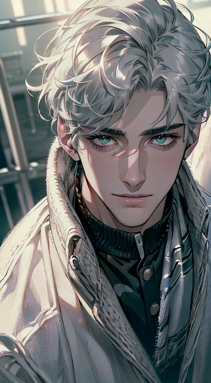 (best quality,4k,8k,highres,masterpiece:1.2),ultra-detailed,(realistic,photorealistic,photo-realistic:1.37),cinematic lighting,1:4 hdr image,a mature man, 29 years old,very handsome,cold expression smile in love, short grey white hair, green eyes,flawless face,buttoning his jacket,CEO