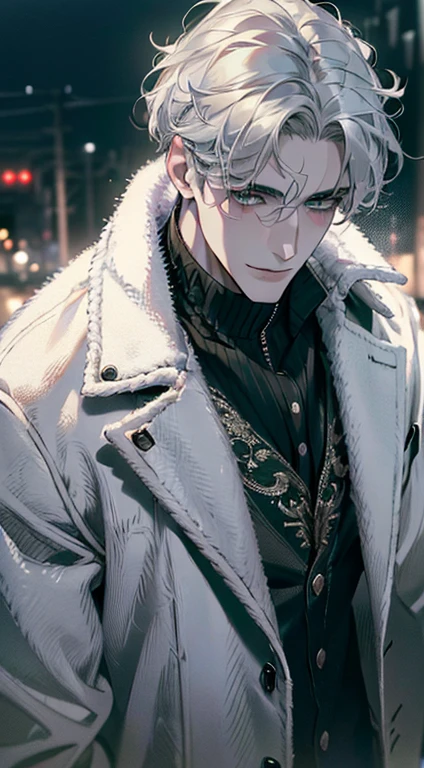 (best quality,4k,8k,highres,masterpiece:1.2),ultra-detailed,(realistic,photorealistic,photo-realistic:1.37),cinematic lighting,1:4 hdr image,a mature man, 29 years old,very handsome,cold expression smile in love, short grey white hair, green eyes,flawless face,buttoning his jacket,CEO