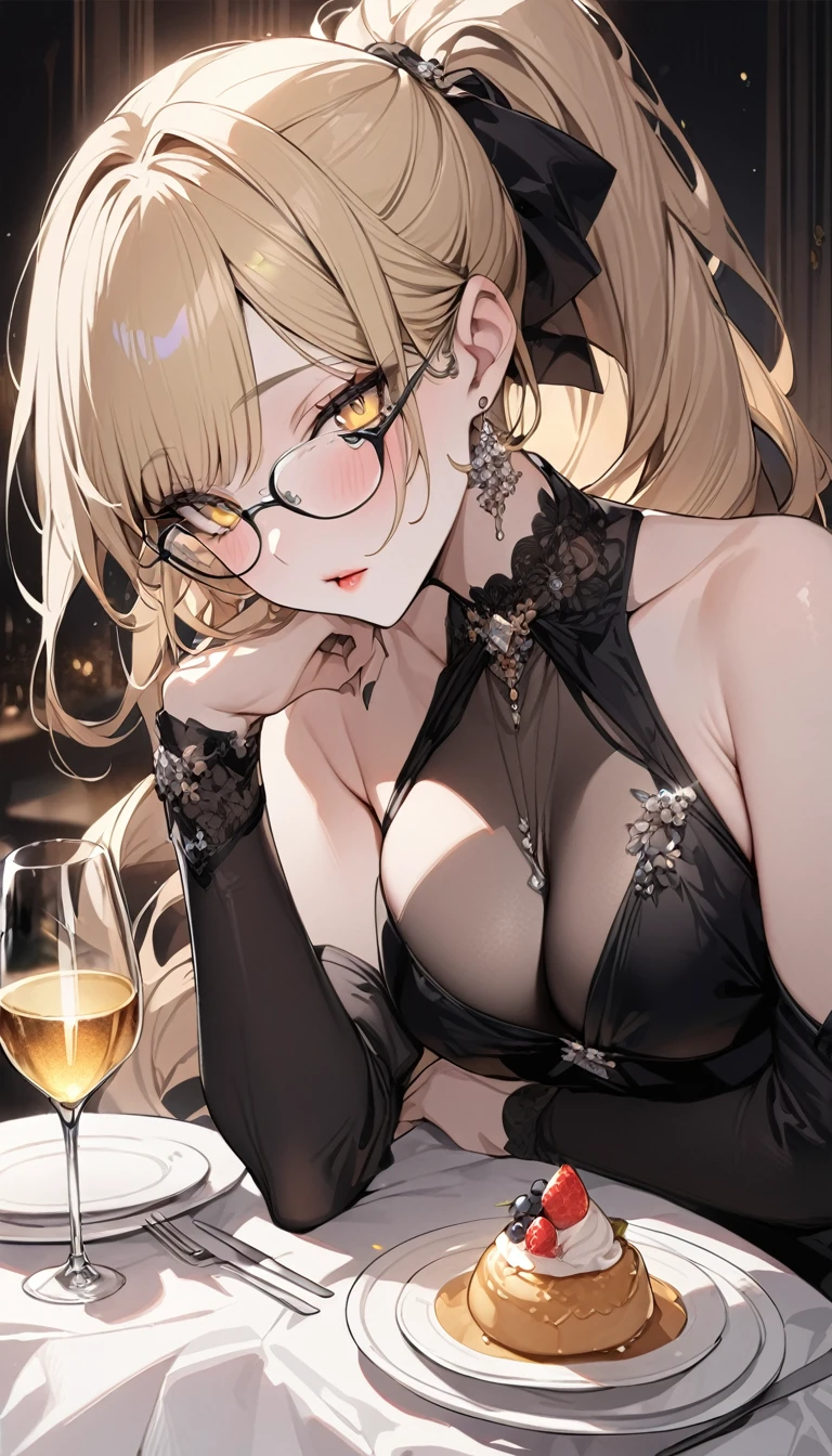 Highest quality masterpiece High resolution Long blonde hair ponytail Character Portrait Yellow Eyes Glasses Pale pink lips E Cup Fluffy body Black formal dress dinner