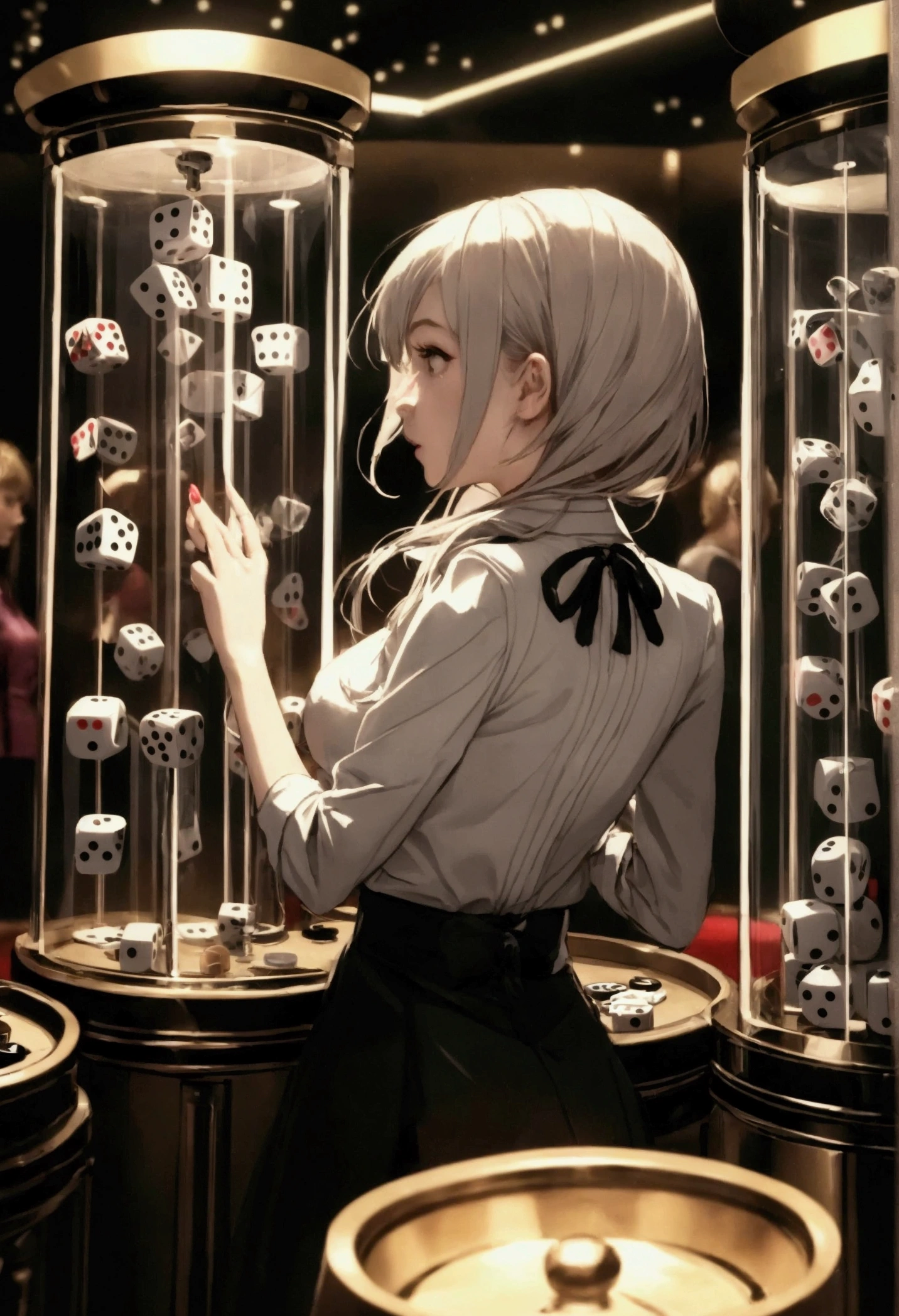 girl at a dice machine in casino, 3 large white dices in a glass cylinder. colorful casino atmosphere