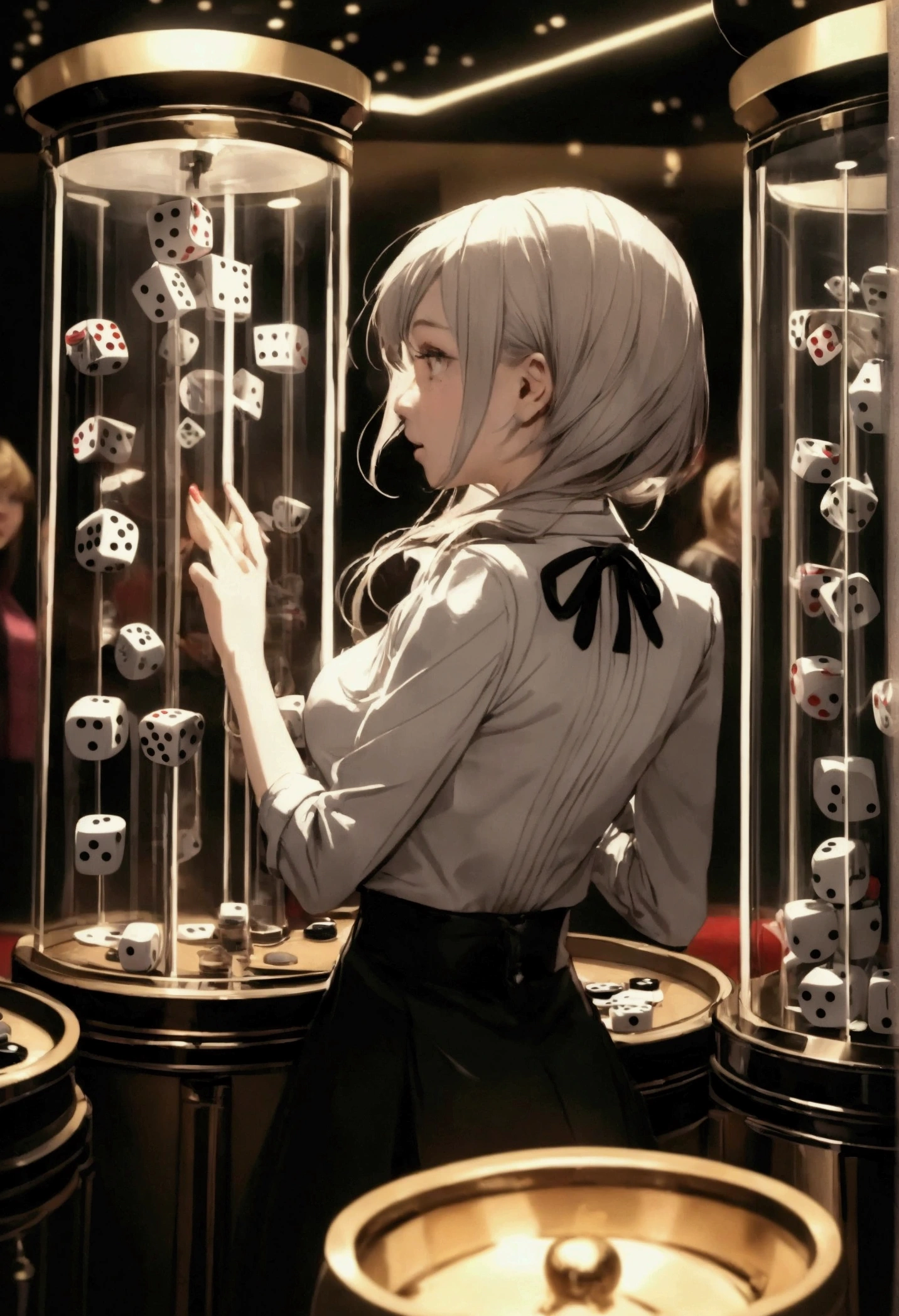 girl at a dice machine in casino, 3 large white dices in a glass cylinder. colorful casino atmosphere