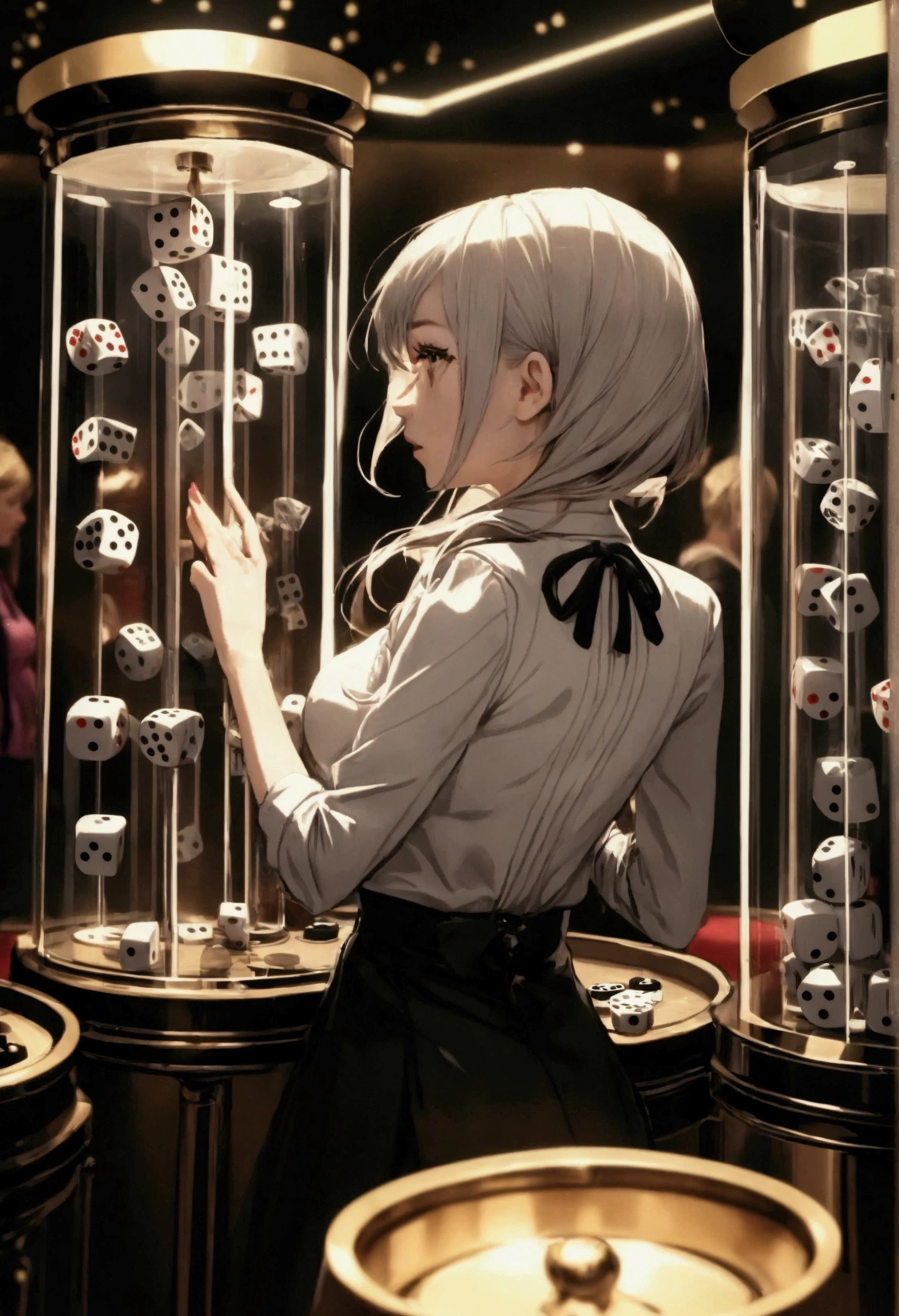 girl at a dice machine in casino, 3 large white dices in a glass cylinder. colorful casino atmosphere