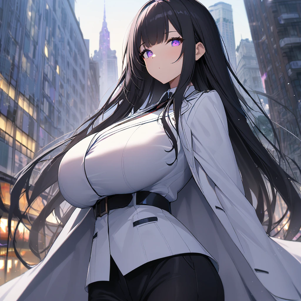 1girl,solo,long hair,bangs,black hair color,light purple eye color,White coat,huge breasts,slender,tall person,looking at viewer,near, hotel district