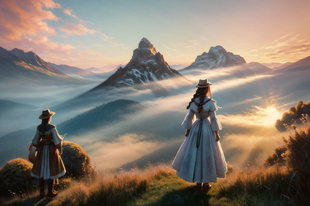 Magical digital illustration, surrealism, sunset, huge wolf walk among the mountains, turns round and looks at the girl, girl standing with her back, A girl stands on a wooden balcony overlooking a vast, misty mountain landscape, a girl dressed in a Caucasian national dress, with two long braids, calm peaceful atmosphere, natural light, (( Artem Chebokha, Devin Elle Kurtz, Rossdraws style)), Peter Morbacher style, awarded on artstation, cinematic light, magical light