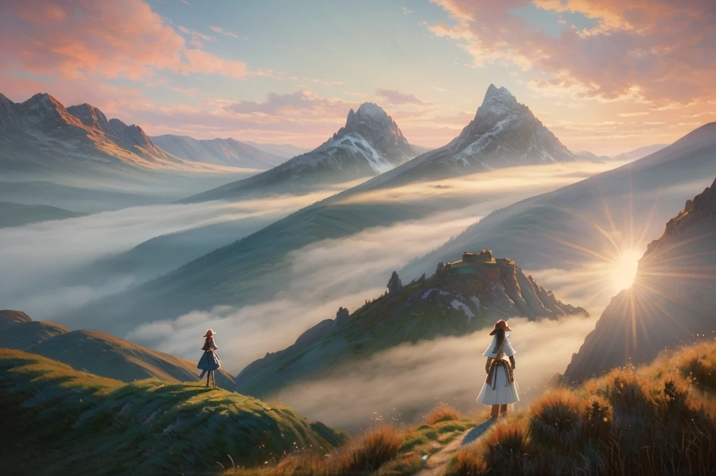 Magical digital illustration, surrealism, sunset, huge wolf walk among the mountains, turns round and looks at the girl, girl standing with her back, A girl stands on a wooden balcony overlooking a vast, misty mountain landscape, a girl dressed in a Caucasian national dress, with two long braids, calm peaceful atmosphere, natural light, (( Artem Chebokha, Devin Elle Kurtz, Rossdraws style)), Peter Morbacher style, awarded on artstation, cinematic light, magical light