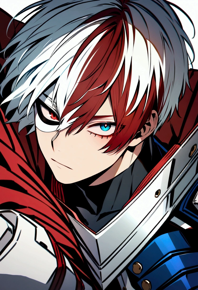 Ultra detailed, highres, absurdres, HDR, master piece, Todoroki Shouto, bicolor hair, right side is white, left side is red, heterochromia, right eye is grey, left eye is blue, detailed eyes, Boku No Hero Academia, handsome, solo, best quality.