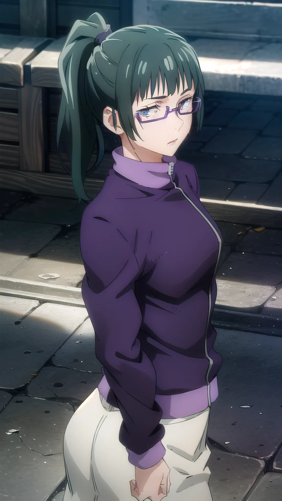 zenin_maki,ponytail,glasses,bangs,green hair,brown eyes,jujutsu_uniform,purple jacket BREAK looking at viewer,BREAK (masterpiece:1.2), best quality, high resolution, unity 8k wallpaper, (illustration:0.8), (beautiful detailed eyes:1.6), extremely detailed face, perfect lighting, extremely detailed CG, (perfect hands, perfect anatomy),city,street,night,lights,wet road.