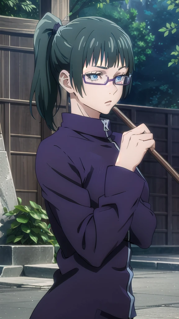 zenin_maki,ponytail,glasses,bangs,green hair,brown eyes,jujutsu_uniform,purple jacket BREAK looking at viewer,BREAK (masterpiece:1.2), best quality, high resolution, unity 8k wallpaper, (illustration:0.8), (beautiful detailed eyes:1.6), extremely detailed face, perfect lighting, extremely detailed CG, (perfect hands, perfect anatomy),city,street,night,lights,wet road.